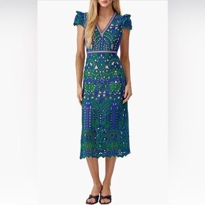 Adelyn Rae Blue & Green Lace Dress with Nude Underlay